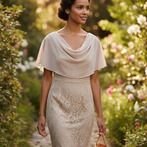 JH Evenings Champagne Lace Chiffon Cape Dress Size 8 Mother of the Bride Wedding